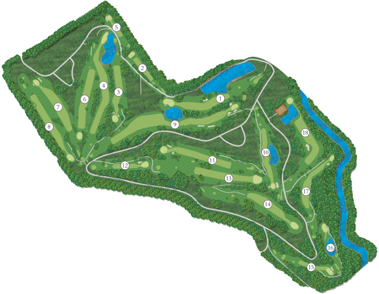 Layout map of the eighteen-hole course at Kahler Mountain Club.