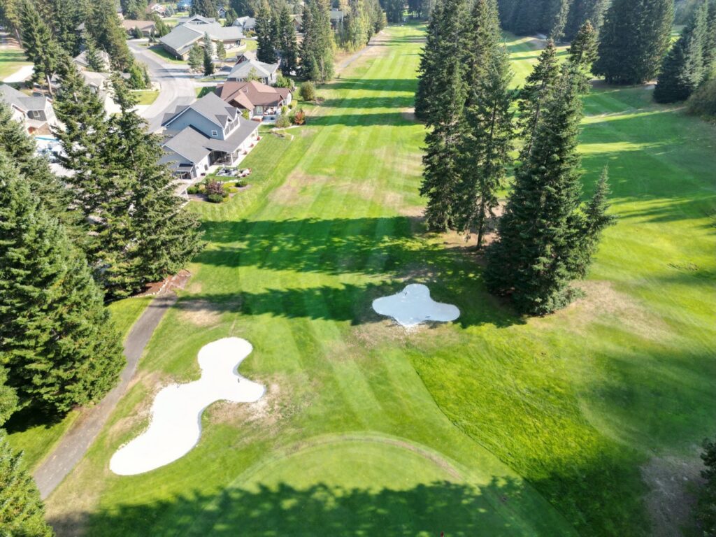 Aerial view of hole 11 at Kahler Mountain Club, a par 4 of 378 yards from the blue tees.
