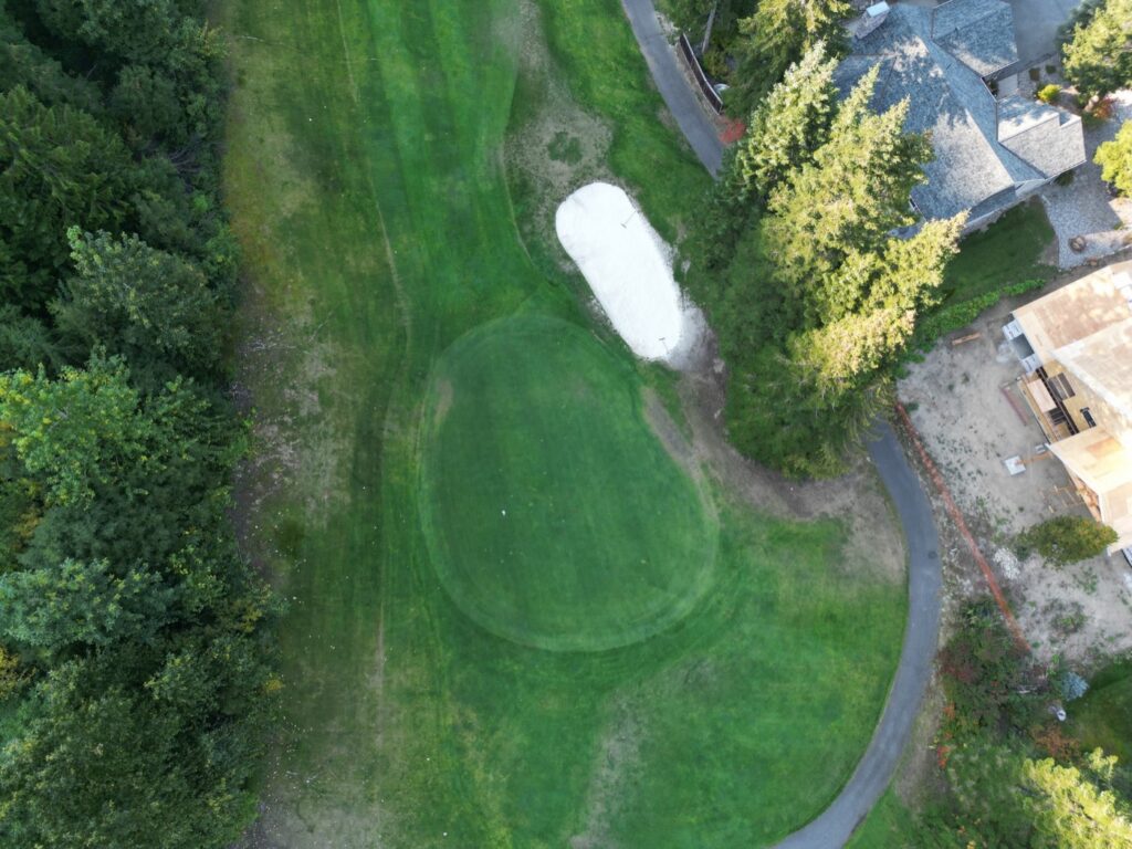 Aerial view of hole 12 at Kahler Mountain Club, a par 3 of 180 yards from the blue tees.