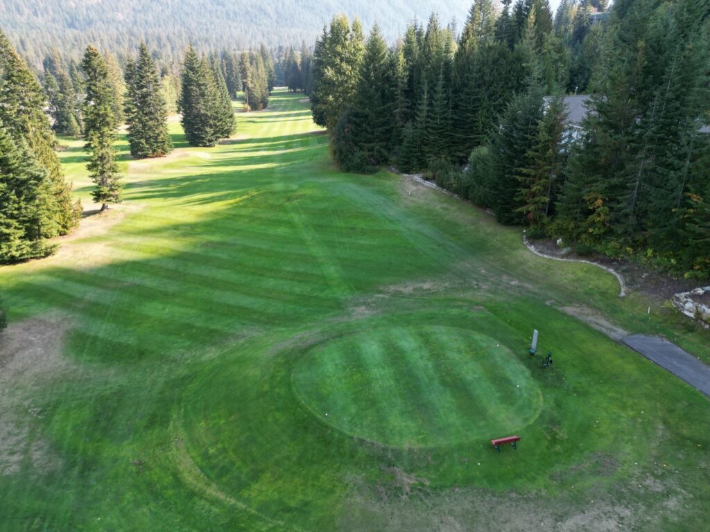 Aerial view of hole 13 at Kahler Mountain Club, a par 4 of 403 yards from the blue tees.