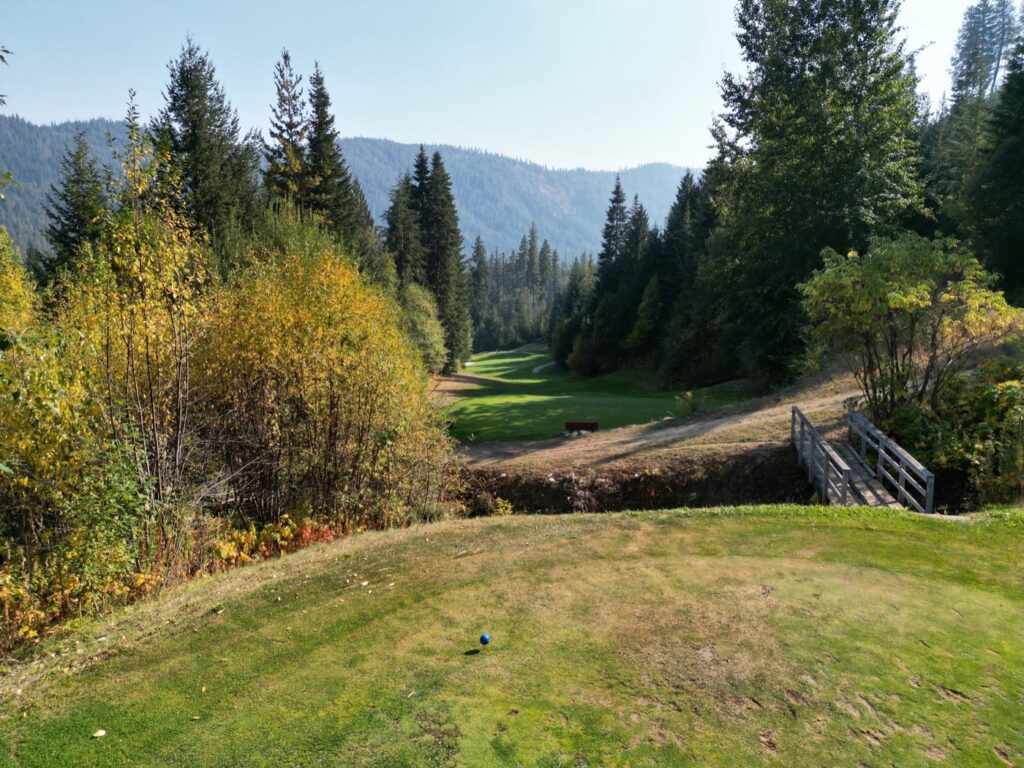 Aerial view of hole 15 at Kahler Mountain Club, a par 3 of 225 yards from the blue tees.