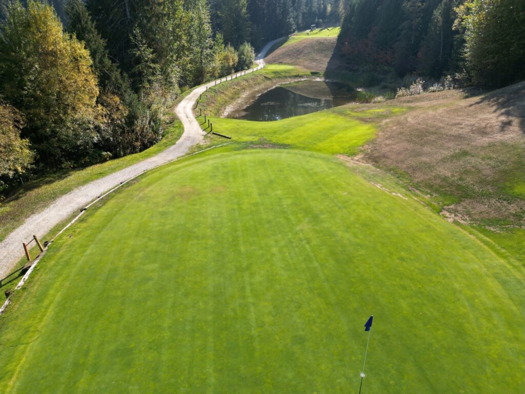 Aerial view of hole 16 at Kahler Mountain Club, a par 3 of 174 yards from the blue tees.