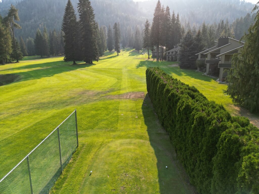 Aerial view of hole 6 at Kahler Mountain Club, a par 4 of 348 yards from the blue tees.