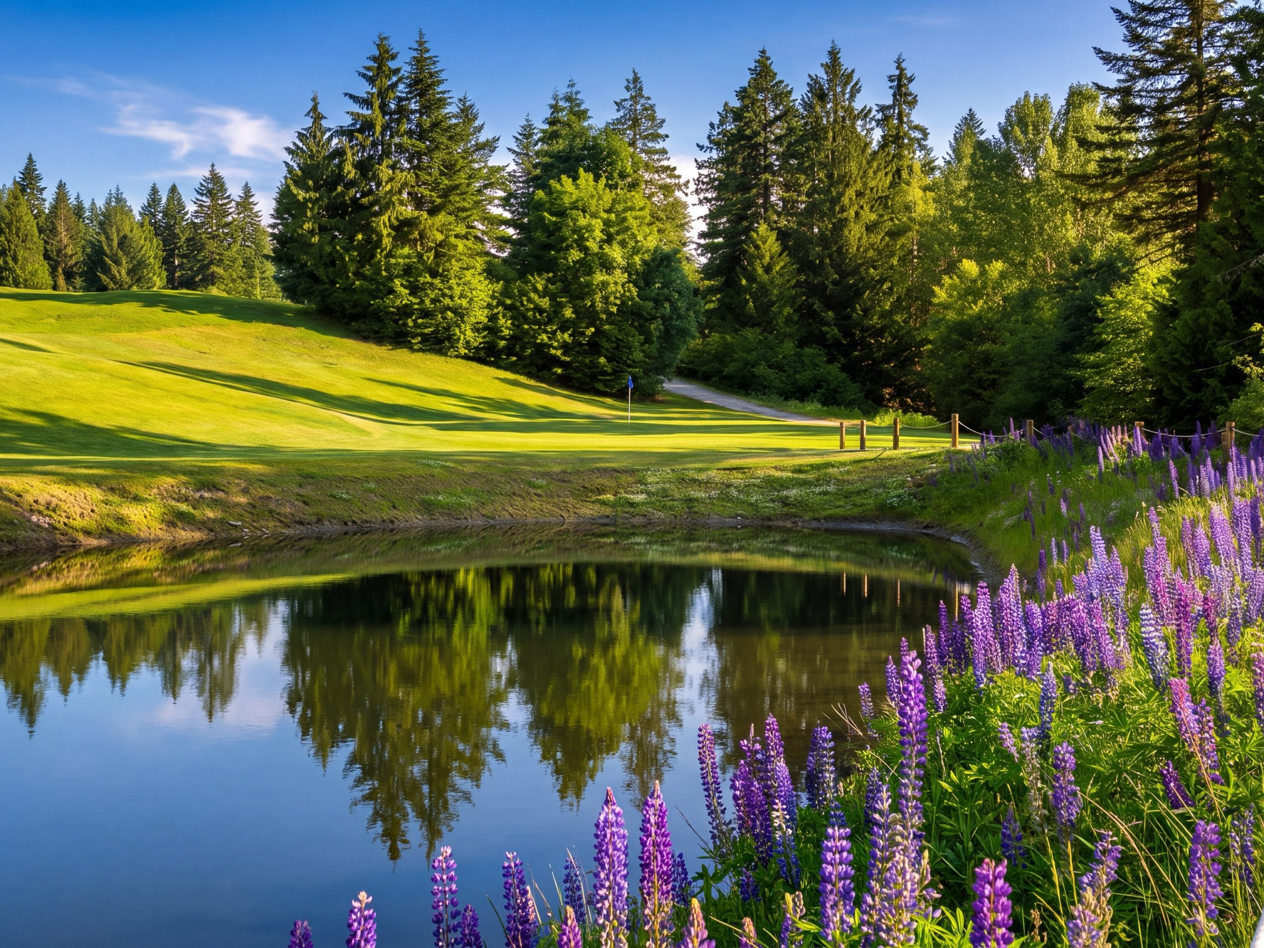 Lupine flowering beside a pond on the Kahler Mountain Club golf course in summer.