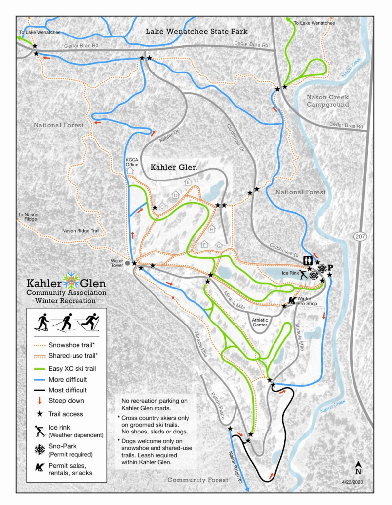 Map of the groomed ski and snowshoe trails at Kahler Glen.